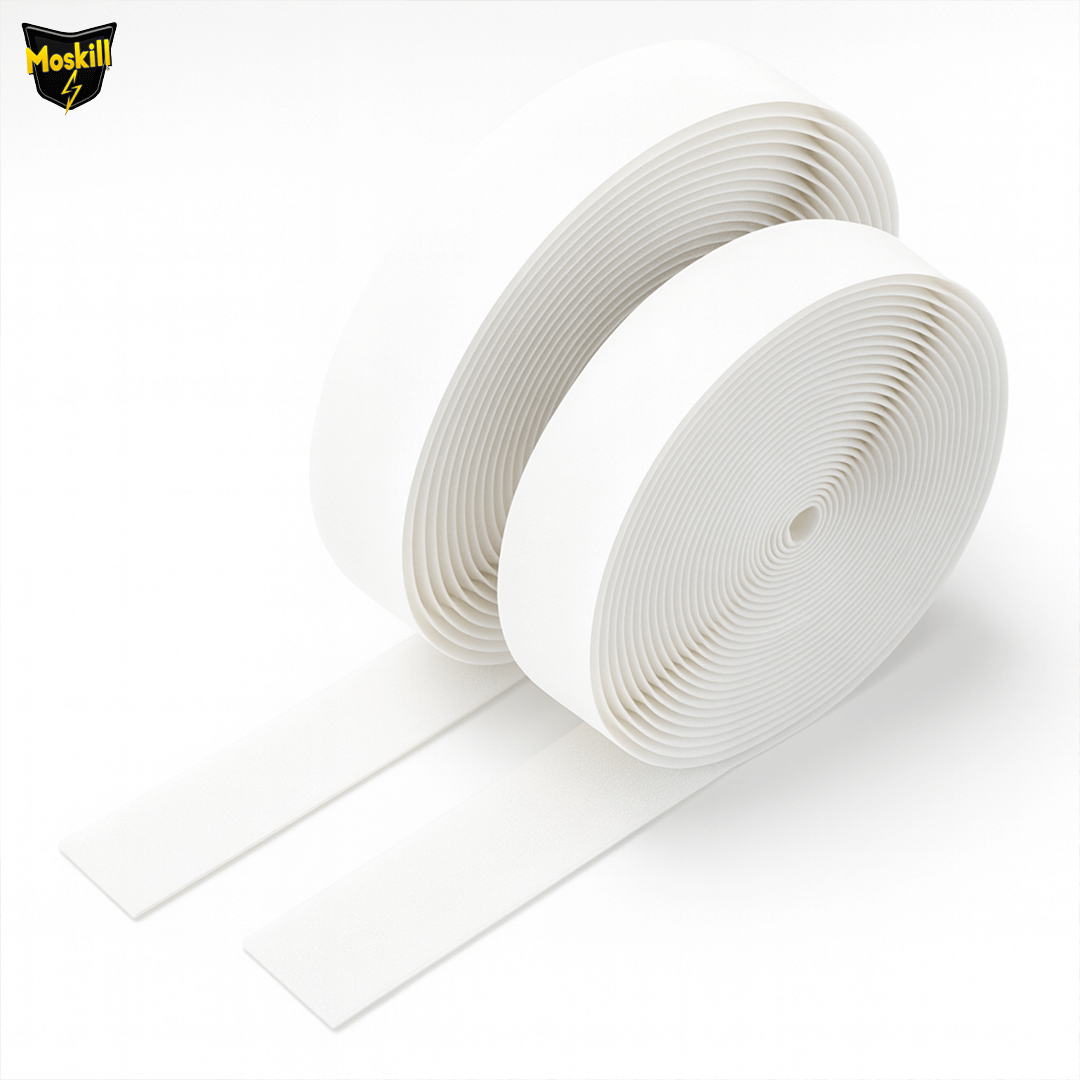 Moustiquaire magnétique pour porte de couleur blanche avec bande velcro, idéale pour empêcher l'entrée des insectes.