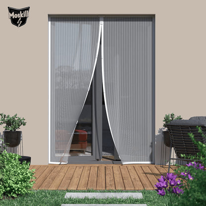 Mosquiteira magnética para porta da Ma Boutique, exibindo tecido preto com fechos magnéticos e design funcional.