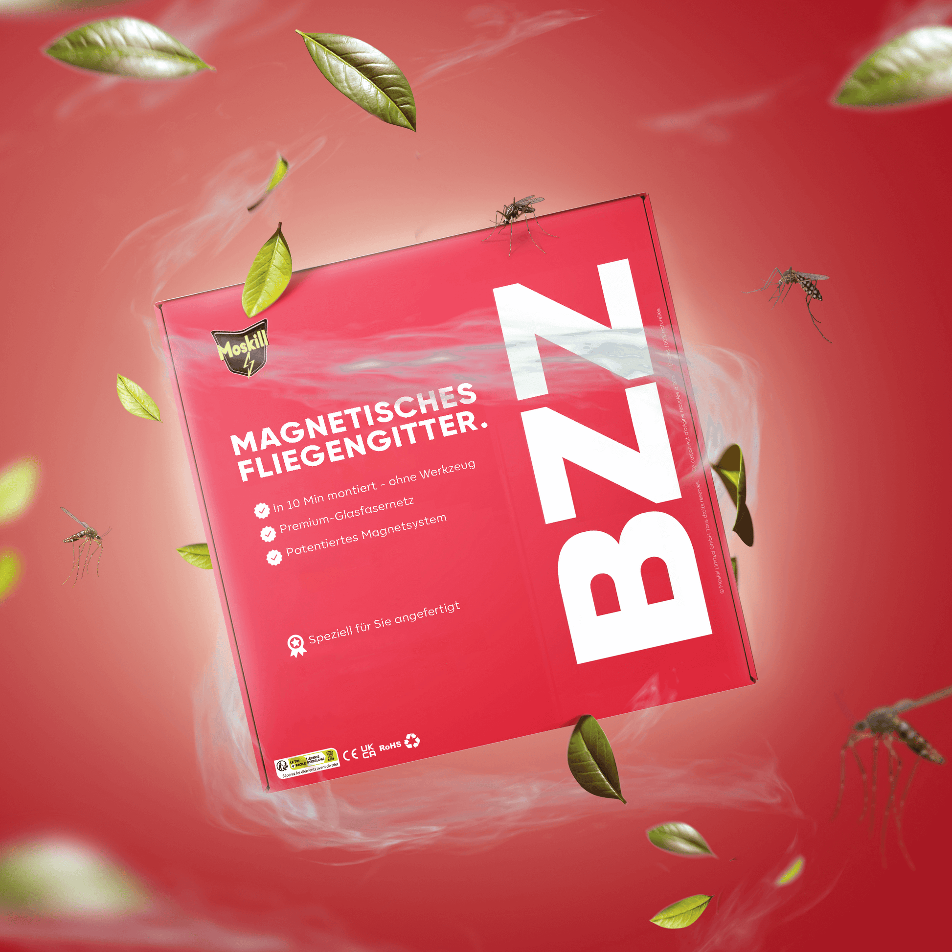 Magnetisches Fliegengitter Tür von Ma boutique, zeigt das Gitter in einem offenen Türrahmen mit fliegenden Insekten.