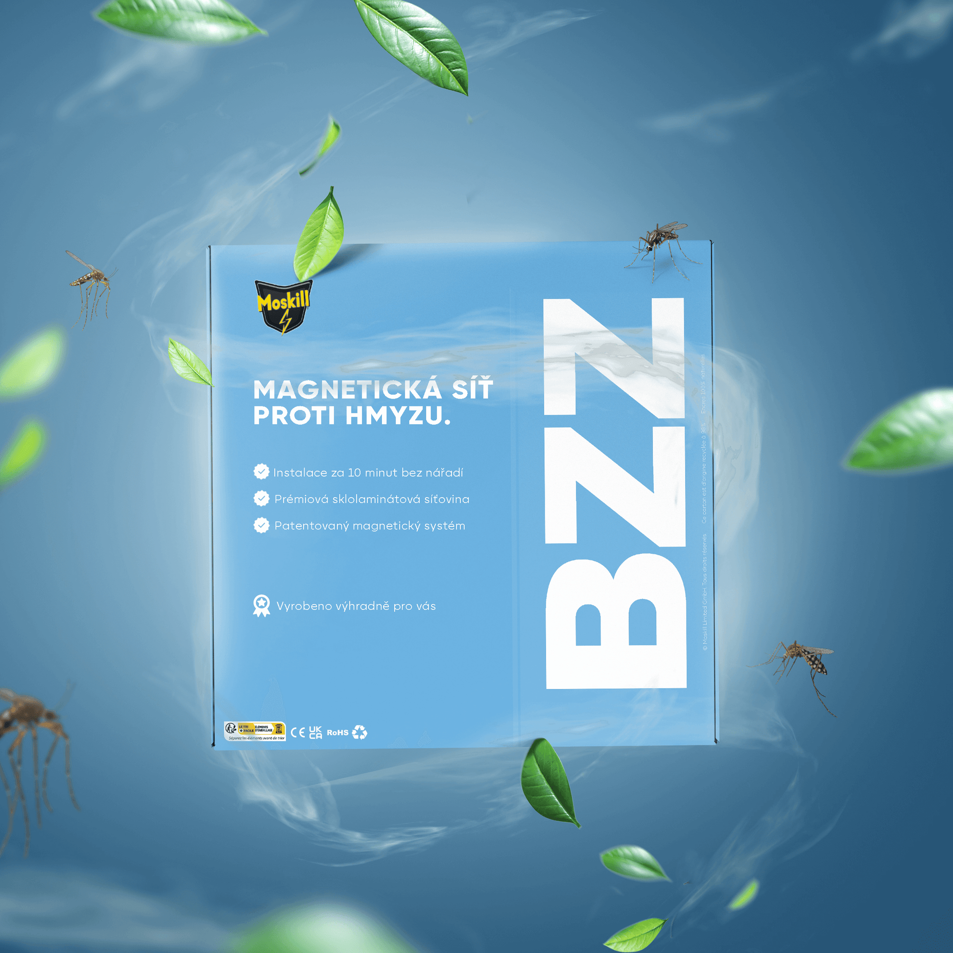 MOSKILL magnetic insect screen for windows, featuring a blue checkered pattern, designed for easy installation and use.