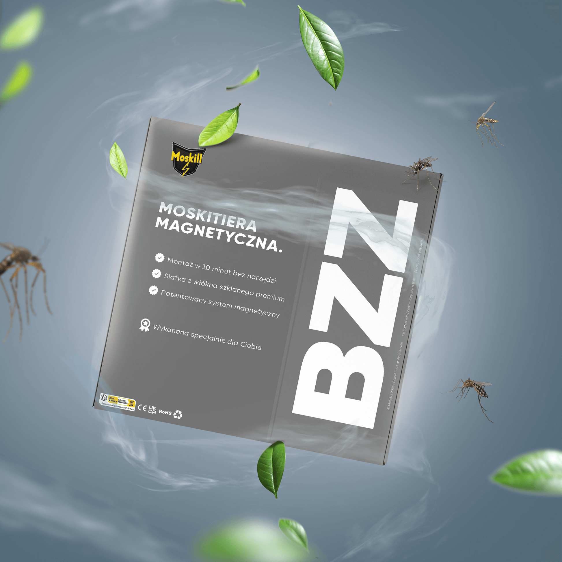 Large magnetic mosquito net by MOSKILL, featuring a grey design, ideal for doors and windows to keep insects out.