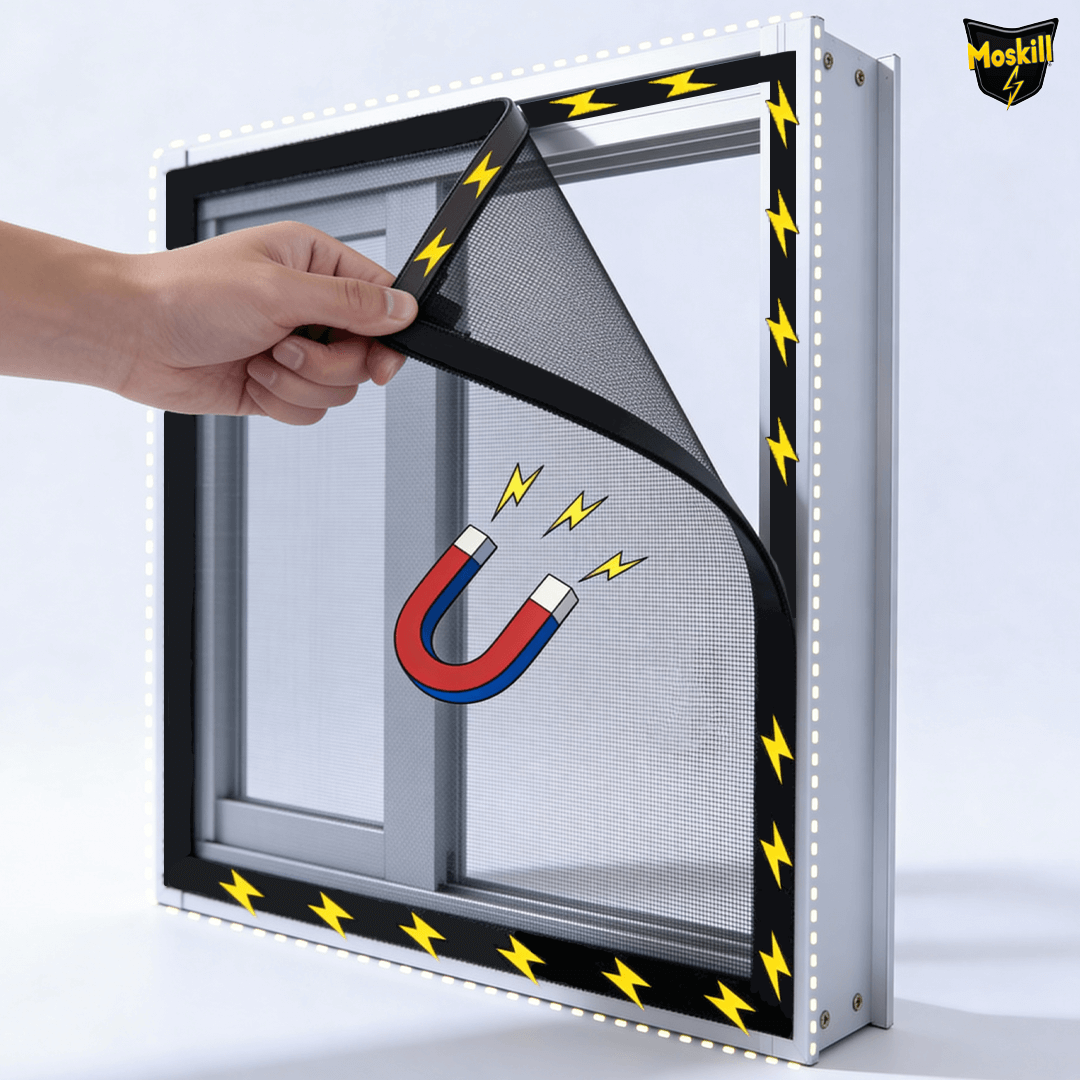 Moskill magnetic window mosquito net showing a close-up of the mesh design and frame installation.