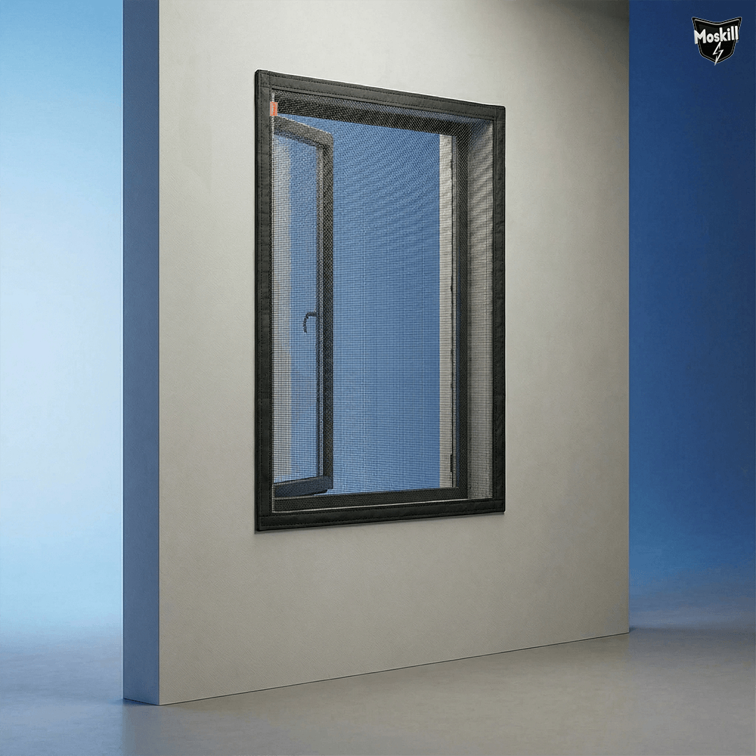Moskill magnetic window mosquito net with a sleek design, showcasing its mesh and frame for effective insect protection.