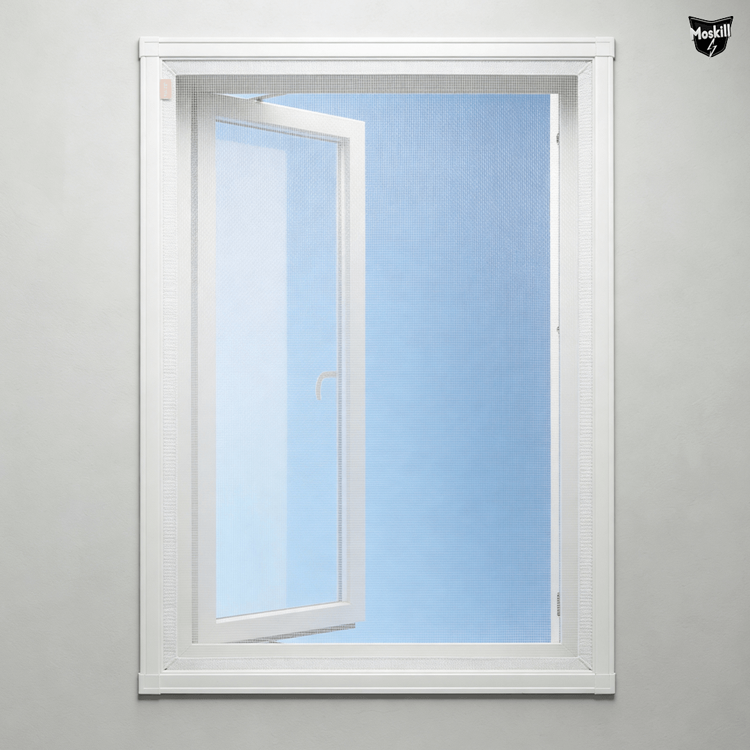 Moskill magnetic window screen showing a white frame with mesh, ideal for keeping insects out while allowing airflow.