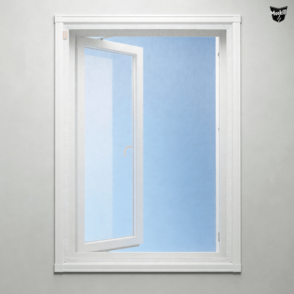 Moskill magnetic window screen showing a white frame with mesh, ideal for keeping insects out while allowing airflow.