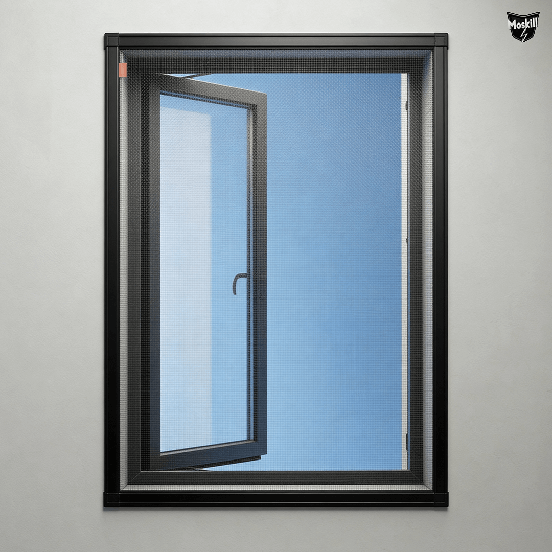 Moustiquaire magnétique FENÊTRE de MOSKILL installée sur une fenêtre noire, offrant une protection efficace contre les insectes.