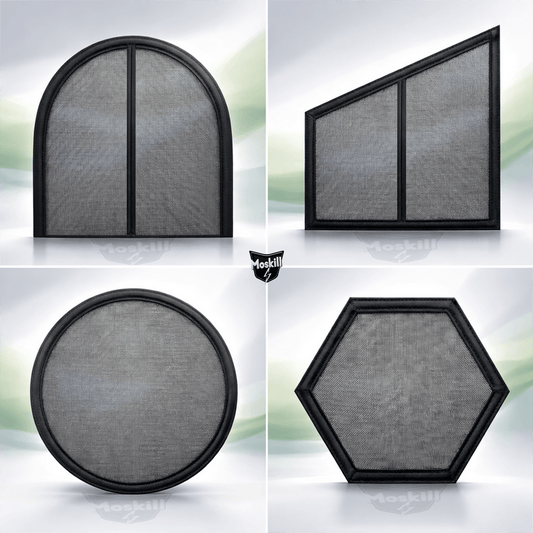 Moskillspecial-shaped magnetic mosquito net hanging in a doorway, featuring a sleek design for easy access and insect protection.