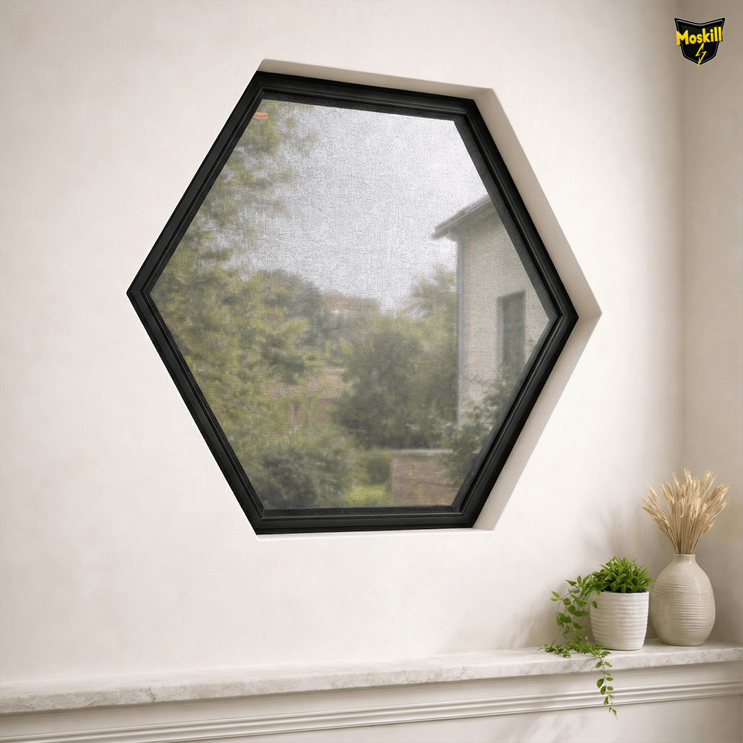 Hexagonal magnetic mosquito net by MOSKILL, showcasing a unique design for effective insect protection.