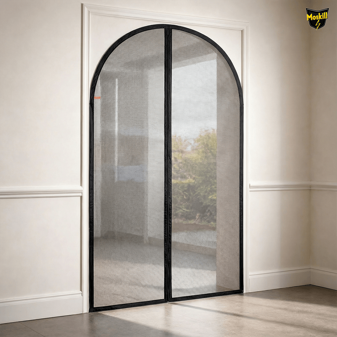 Moskill special shape magnetic mosquito net hanging in a doorway, showcasing its unique design and effective coverage.