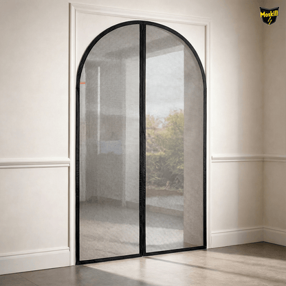 Moskill special shape magnetic mosquito net hanging in a doorway, showcasing its unique design and effective coverage.