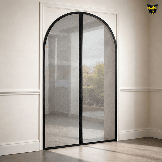 Moskill special shape magnetic mosquito net hanging in a doorway, showcasing its unique design and effective coverage.