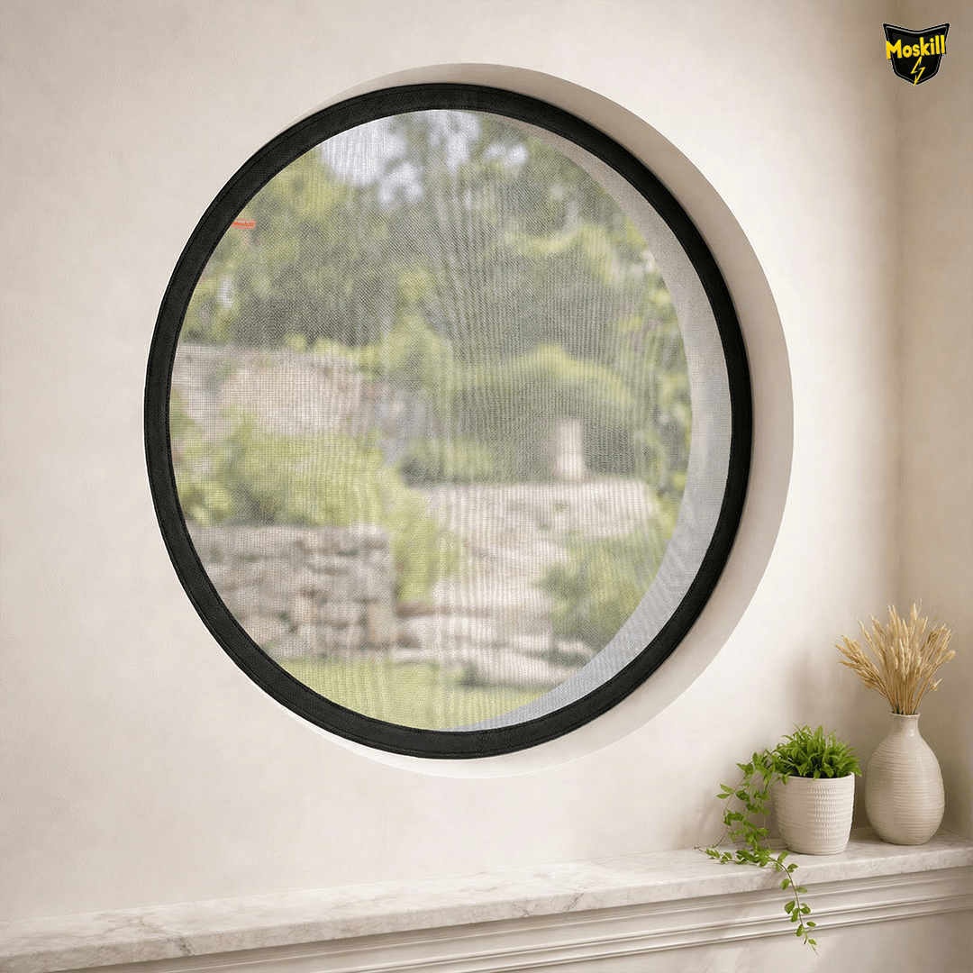 Moskill special shape magnetic mosquito net displayed in a circular design with fine mesh details.