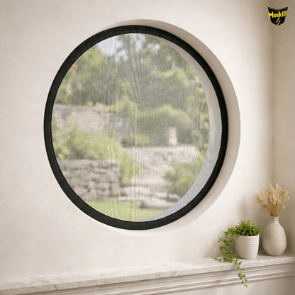 Moskill special shape magnetic mosquito net displayed in a circular design with fine mesh details.