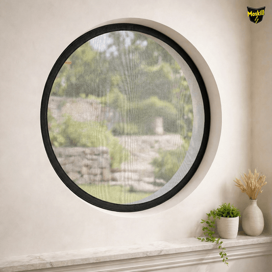 Moskill special shape magnetic mosquito net displayed in a circular design with fine mesh details.