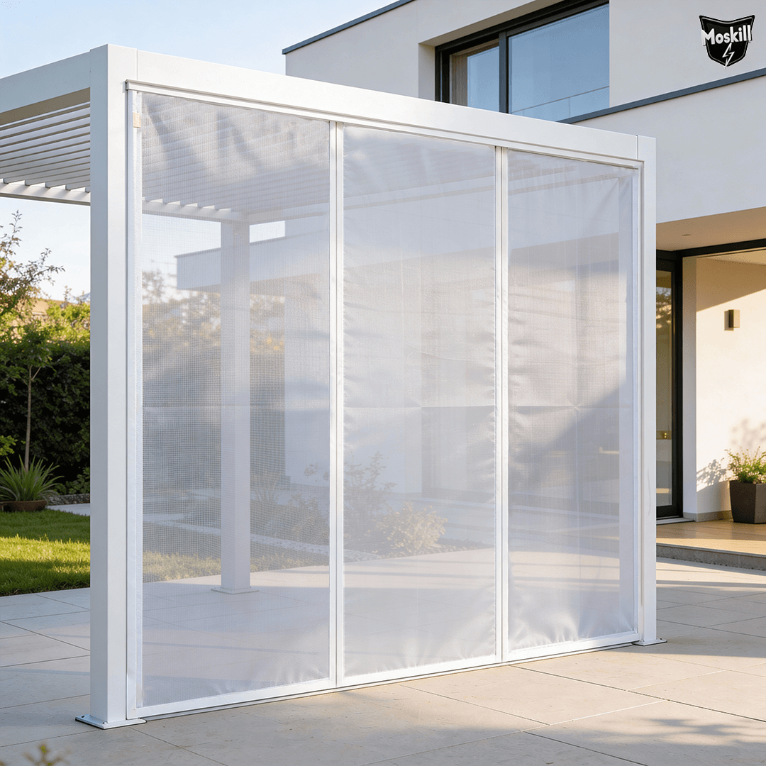 Moskill grande taille magnetic mosquito net displayed in a doorway, showcasing its mesh design and ease of use.