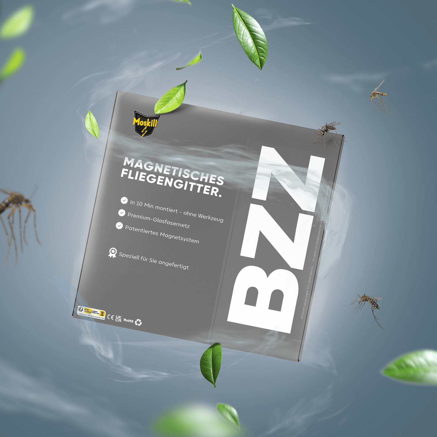 MOSKILL oversized magnetic fly screen in grey, showcasing its mesh design and easy installation features.